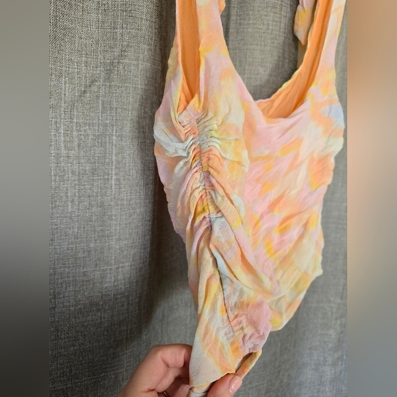 Free People Avenue Printed Ruched Tank Top Large Orange/Ivory Combo Square Neck - Picture 3 of 5